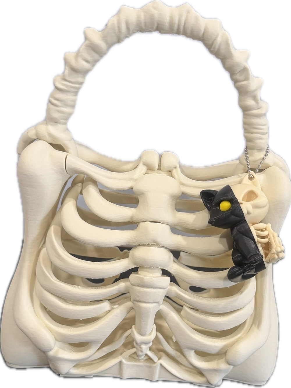 Unique Cream Ribcage Tote Bag with Black Cat Charm